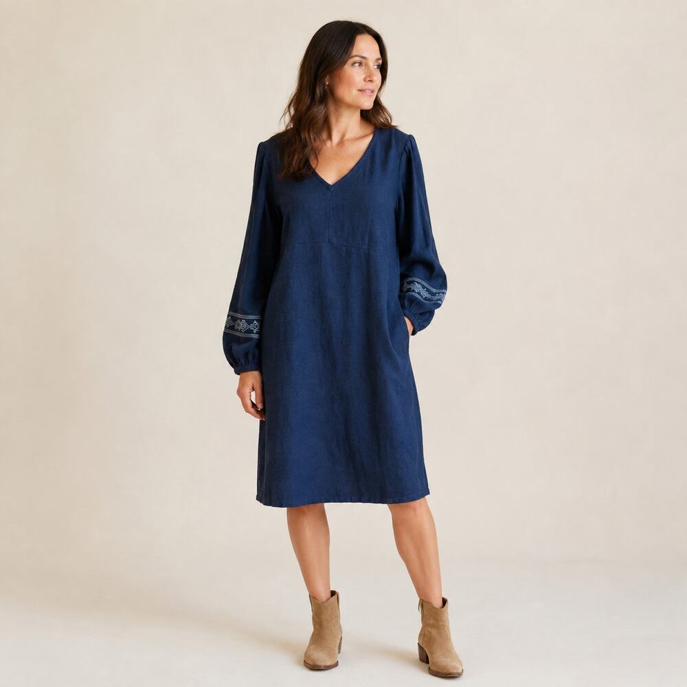 Pendleton NWT Blue Embroidered Linen Cotton V Neck Dress M Boho